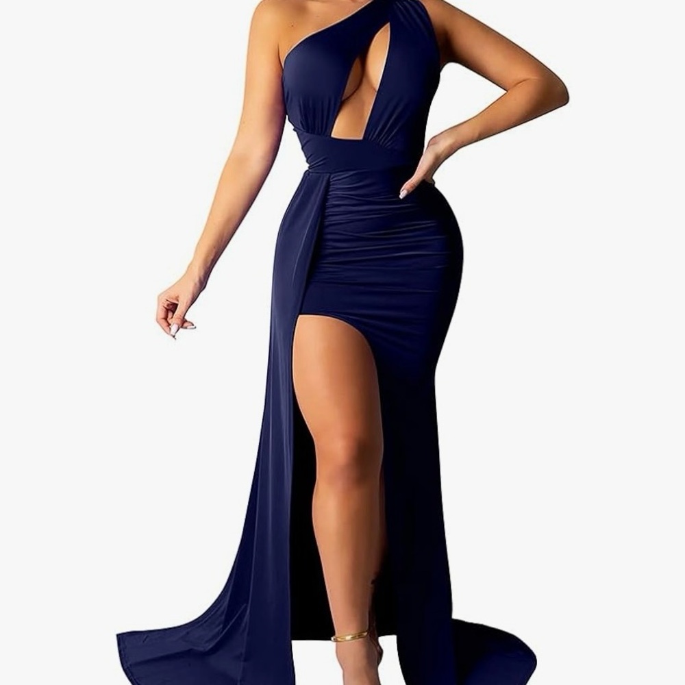 Elegant Navy Blue One-Shoulder Evening Dress